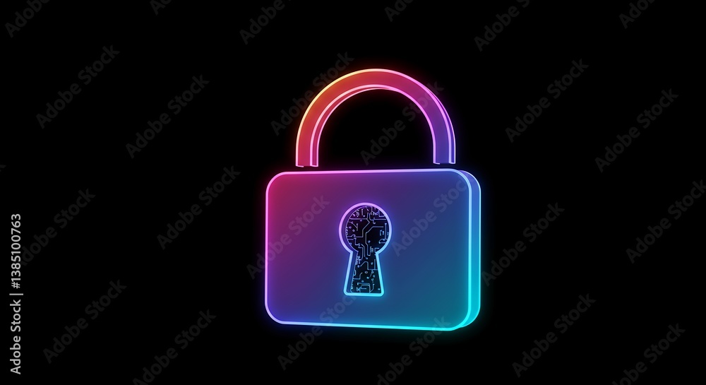 Digital security padlock with glowing neon outline against black background, representing cybersecurity and data protection for modern technology and digital systems. Digital security padlock with glowing neon outline against black background, representing cybersecurity and data protection for modern technology and digital systems.