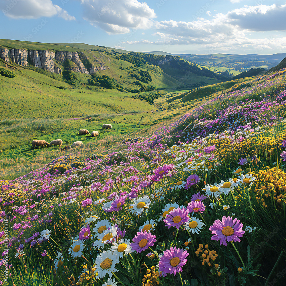 Fototapeta premium A stunning landscape of rolling hills covered in wildflowers, with grazing sheep in the distance