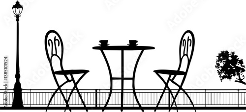 Cafe Table and Chairs Silhouette with Street Lamp and Bush