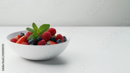 A bowl of fresh mixed berries with mint leaves. Featuring refreshment and simplicity