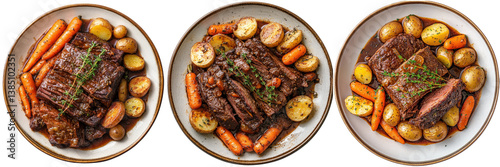 Savory pot roast with roasted potatoes and carrots.
