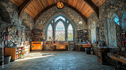 Stone Workshop with Gothic Architecture and Abundant Tools