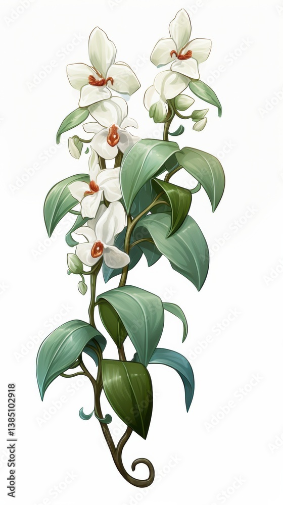Fototapeta premium A stunning illustration showcases a low poly vanilla orchid vine with delicate white blossoms and vibrant green leaves winding gracefully against a clean white background.