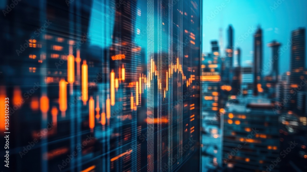 Financial data displayed on building, city lights, stock market Financial data displayed on building, city lights, stock market