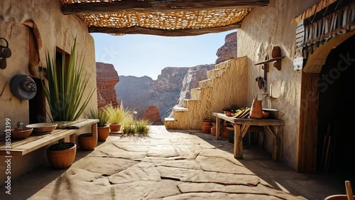 Sun-drenched Patio of a Desert Home, Ancient Pottery and Mountain Views