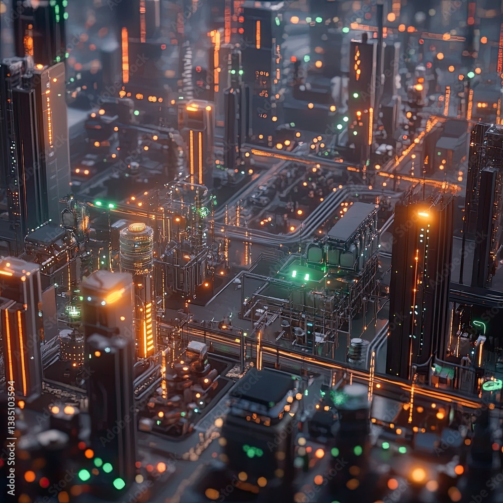 A smart grid system in use, managing renewable energy sources and distributing electricity efficiently across a city. A smart grid system in use, managing renewable energy sources and distributing electricity efficiently across a city.