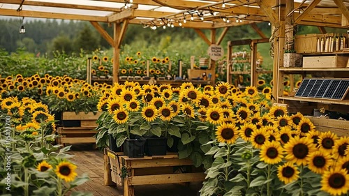 Sunflowers in a Rustic Wooden Greenhouse Setting