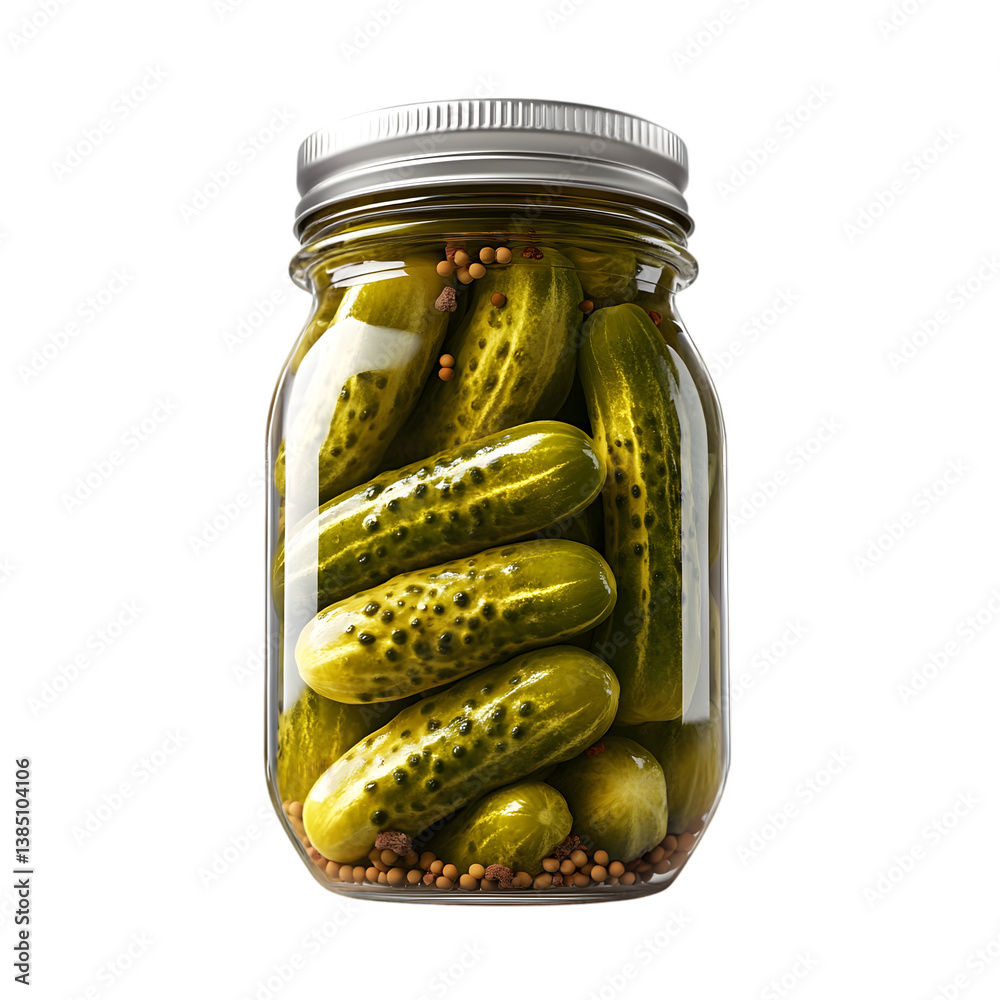 A glass jar filled with pickled cucumbers and spices with a silver lid against a black background view