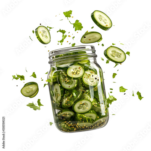 Mason jar filled with fresh sliced cucumbers and herbs isolated on a transparent background for culinary advertising and healthy food banners.