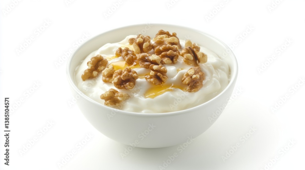 A bowl of Greek yogurt with honey and walnuts. Featuring creaminess and crunch
