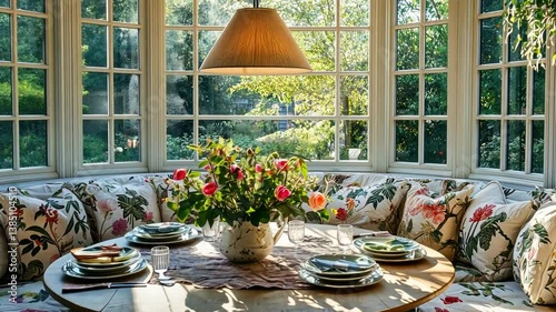 Sunlit Breakfast Nook with Floral Decor