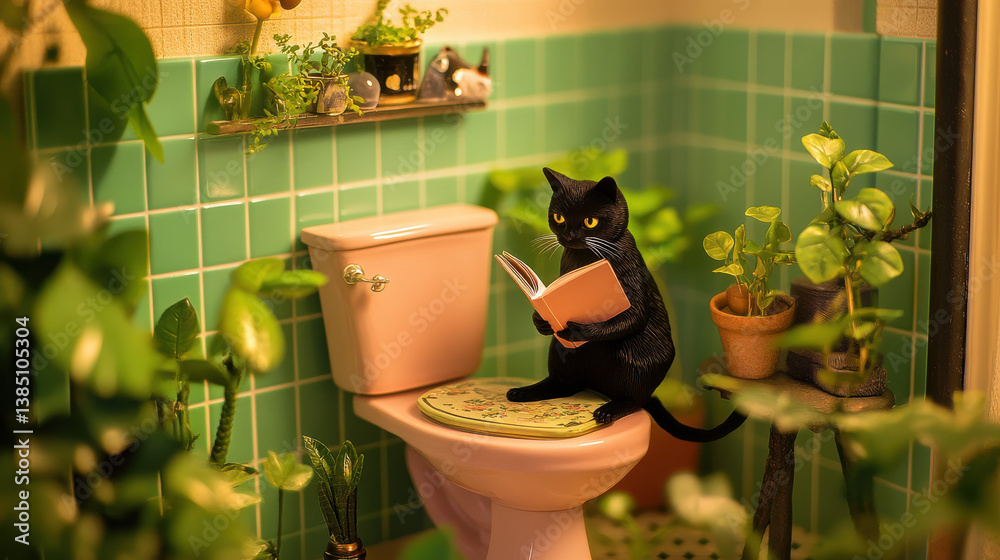 A whimsical photo illustration of a black cat reading a book on a rose toilet, surrounded by indoor plants in a funky retro bathroom with glossy green and pink tiles. Golden light from above spotlig