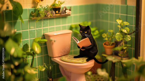 Obraz na płótnie A whimsical photo illustration of a black cat reading a book on a rose toilet, surrounded by indoor plants in a funky retro bathroom with glossy green and pink tiles. Golden light from above spotlig w salonie
