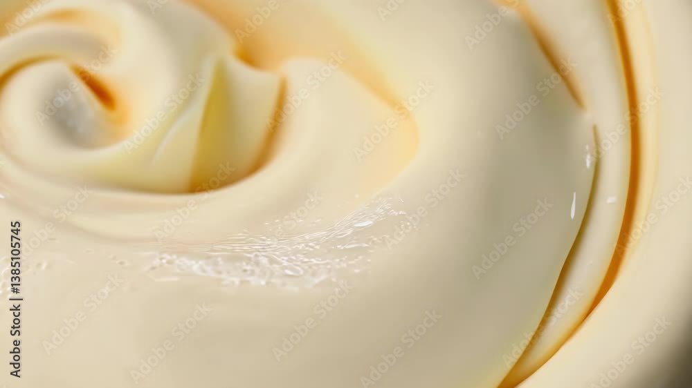Smooth creamy vanilla ice cream swirling in circular motion. Close-up of whipped soft serve dessert with glossy texture gradually forming a perfect spiral pattern on white background. Smooth creamy vanilla ice cream swirling in circular motion. Close-up of whipped soft serve dessert with glossy texture gradually forming a perfect spiral pattern on white background.