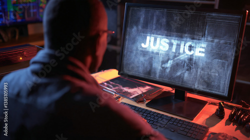A detective analyzing evidence on a computer with the word JUSTICE hovering above  