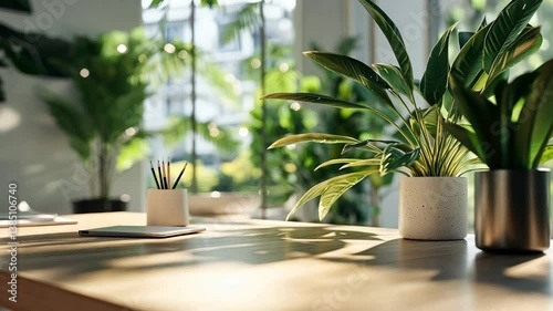Sunlit Workspace with Lush Greenery and Minimalist Decor