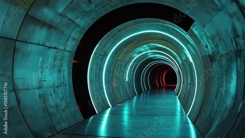 Teal Neon Lights Illuminate a Circular Tunnel