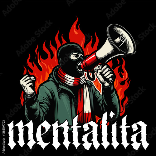 Vector illustration of Hooligan ultras Football fans hold a megaphone