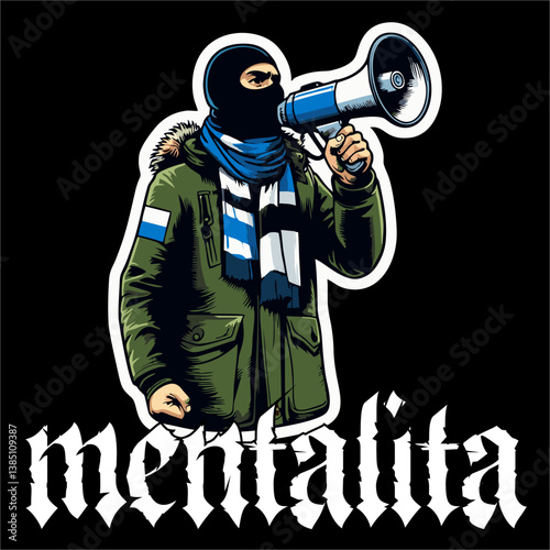 Vector illustration of Hooligan ultras Football fans hold a megaphone