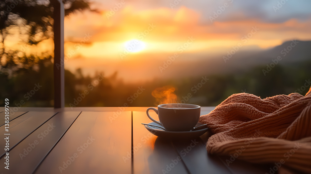 Stretching by a balcony with sunrise view and a cup of tea nearby Stretching by a balcony with sunrise view and a cup of tea nearby