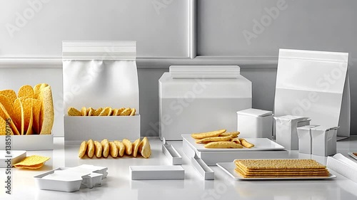 White minimalist food packaging and snacks on a white table