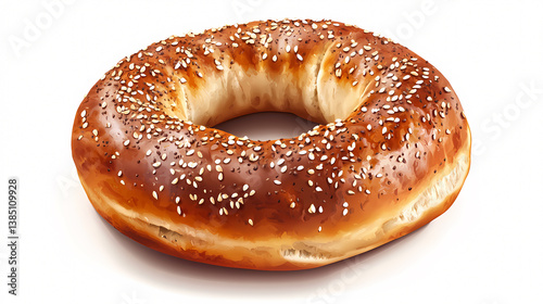 Traditional Turkish simit with a golden brown crust and sesame seeds illustrated in realistic style isolated on a clean white background