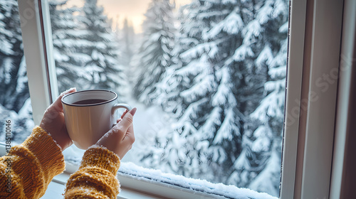 Winter morning with person holding mug and snow covered trees outside window