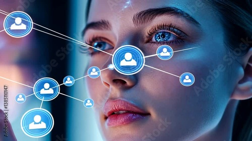 Woman Interacts with Futuristic Interface, Digital Network