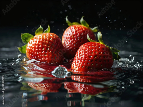Strawberries plunge, water erupts; freshness captured mid-splash