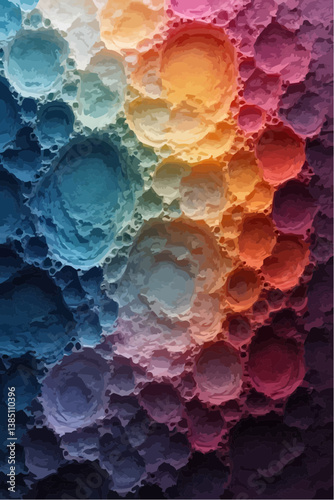 A vibrant abstract image featuring textured, circular forms in a gradient of cool blues and greens transitioning to warm yellows, oranges, and reds, creating a bubbly or cellular appearance.
