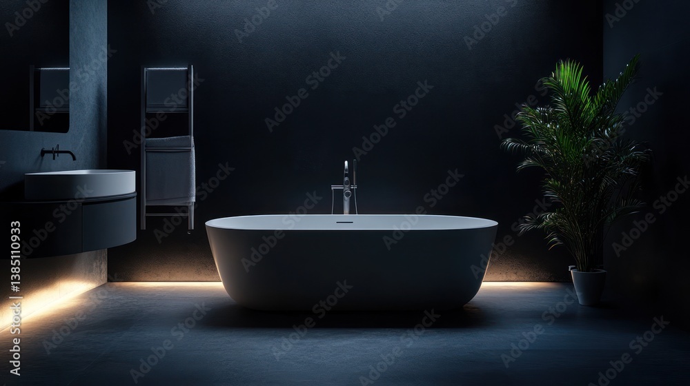 Modern dark bathroom with bathtub and plants. Interior design Modern dark bathroom with bathtub and plants. Interior design