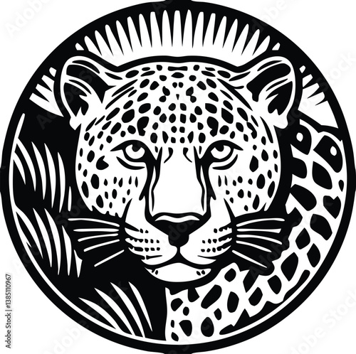 Vector Leopard  Jaguar Head Logo – Tribal and Modern Wild Cat Illustration with Bold Black and Orange Pattern, Blue Eyes, Tattoo Style Art