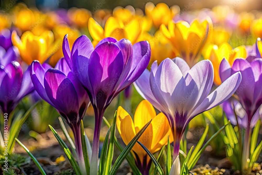 Close-up: A sunlit spring crocus bursts forth, minimalist beauty in macro detail. Close-up: A sunlit spring crocus bursts forth, minimalist beauty in macro detail.