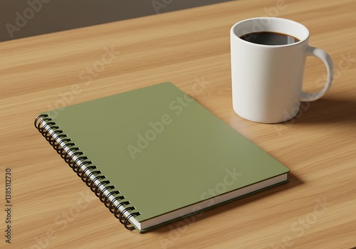 Olive green spiral notebook with coffee mug on wooden desk mockup scene