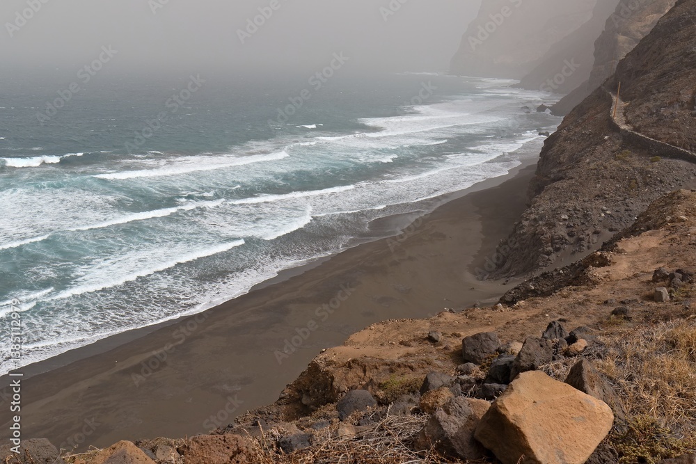 View of the coast of Santo Antao island and the Atlantic ocean while walking the Rota de Ponta do Sol. Cape Verde. Africa. View of the coast of Santo Antao island and the Atlantic ocean while walking the Rota de Ponta do Sol. Cape Verde. Africa.