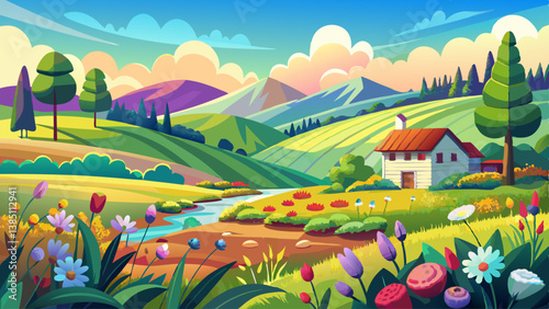 A colorful meadow in spring, with rolling hills and a distant farmhouse