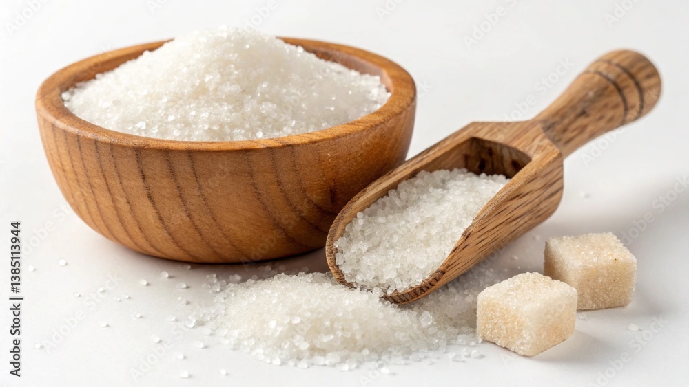 White sugar with a wooden scoop in a wooden bowl, cut out on white White sugar with a wooden scoop in a wooden bowl, cut out on white