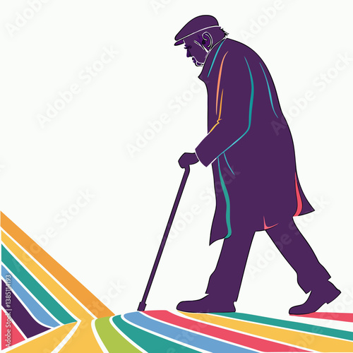 Elderly man with cane walking silhouette vector illustration
