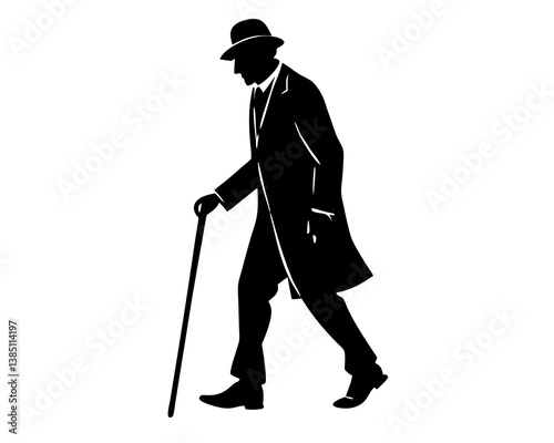 Elderly man with cane walking silhouette vector illustration