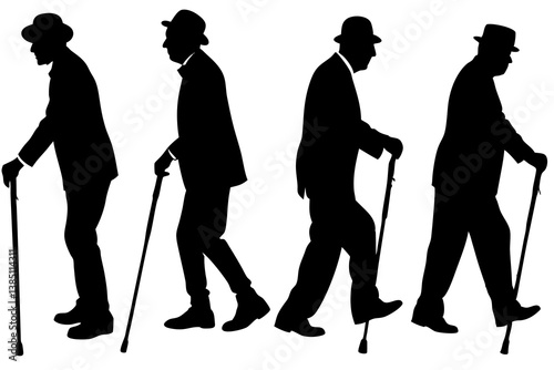 set of Elderly man with cane walking silhouette vector illustration