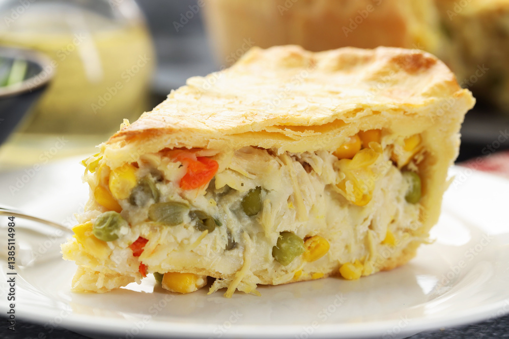 Piece of delicious fresh homemade pie on table, closeup Piece of delicious fresh homemade pie on table, closeup