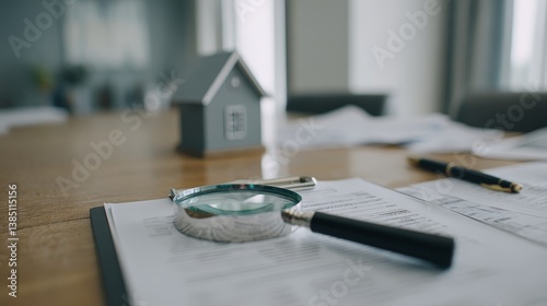A small model house sits next to a magnifying glass on documents, creating a serene atmosphere ideal for real estate discussions and planning
