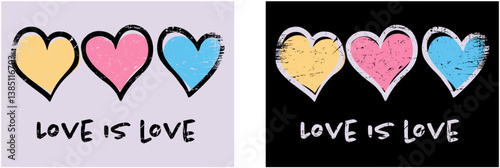 Retro Graphic Design with Slogan “LOVE IS  LOVE “ , with colorful hearts, Vector ,Poster Design.