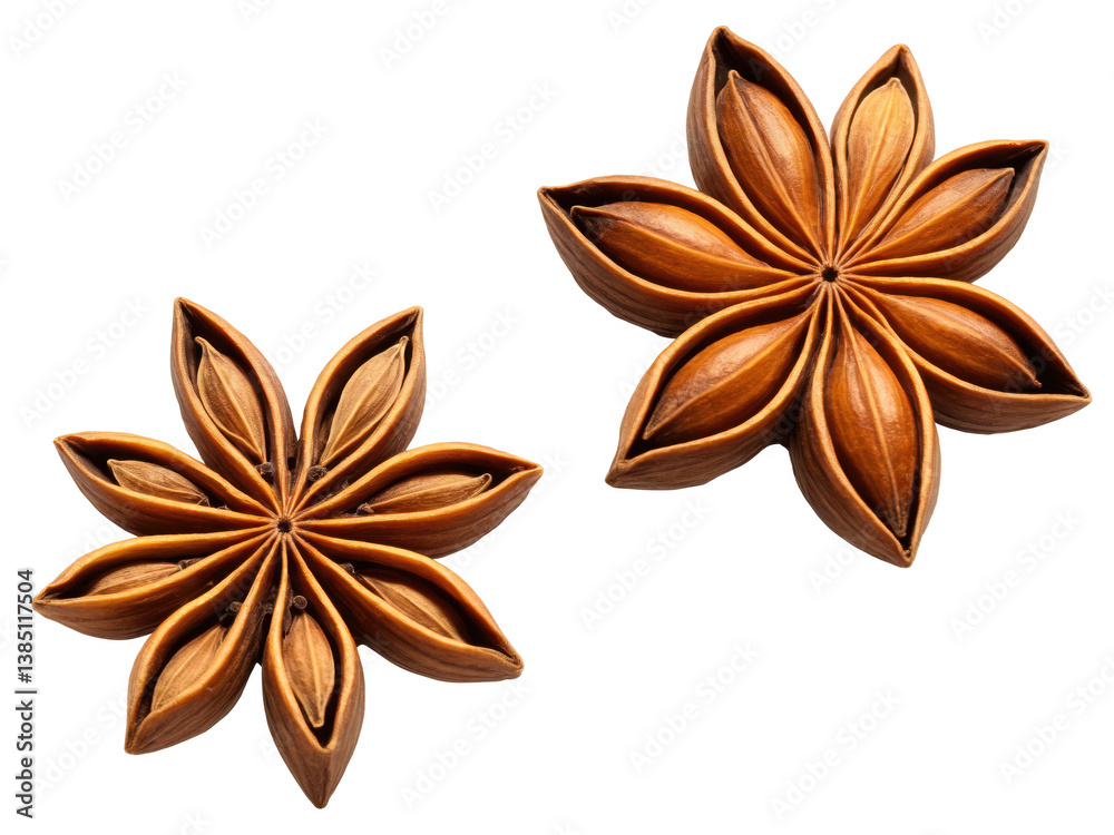 Star Anise (Illicium verum) Brown, star-shaped pods of star anise with a strong licorice aroma, used to flavor broths, desserts, Star Anise (Illicium verum) Brown, star-shaped pods of star anise with a strong licorice aroma, used to flavor broths, desserts,