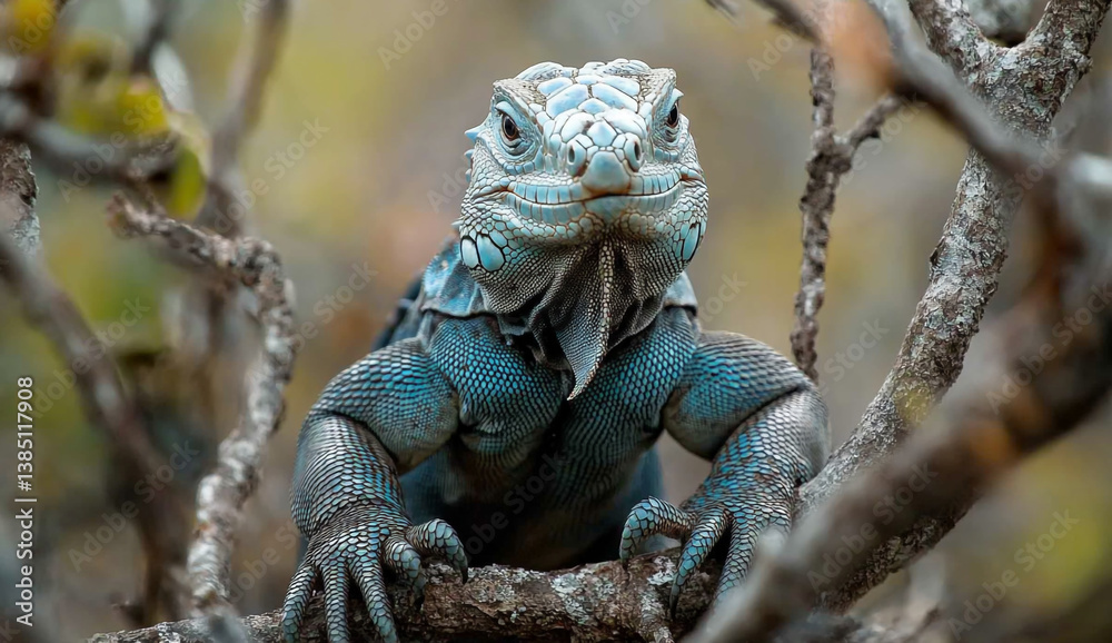 Fototapeta premium Photo of an iguana with blue and green scales, sitting on a branch in its natural habitat.