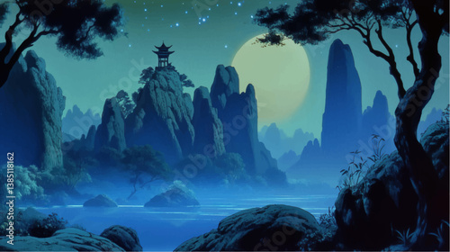 chinese painting of mountain night time landscape in style of old 60-70s retro VHS TV screen