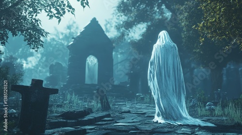 A transparent, flowing ghost figure in a graveyard at night, embodying eerie presence and spectral mystery, creating a haunting and ghostly atmosphere.