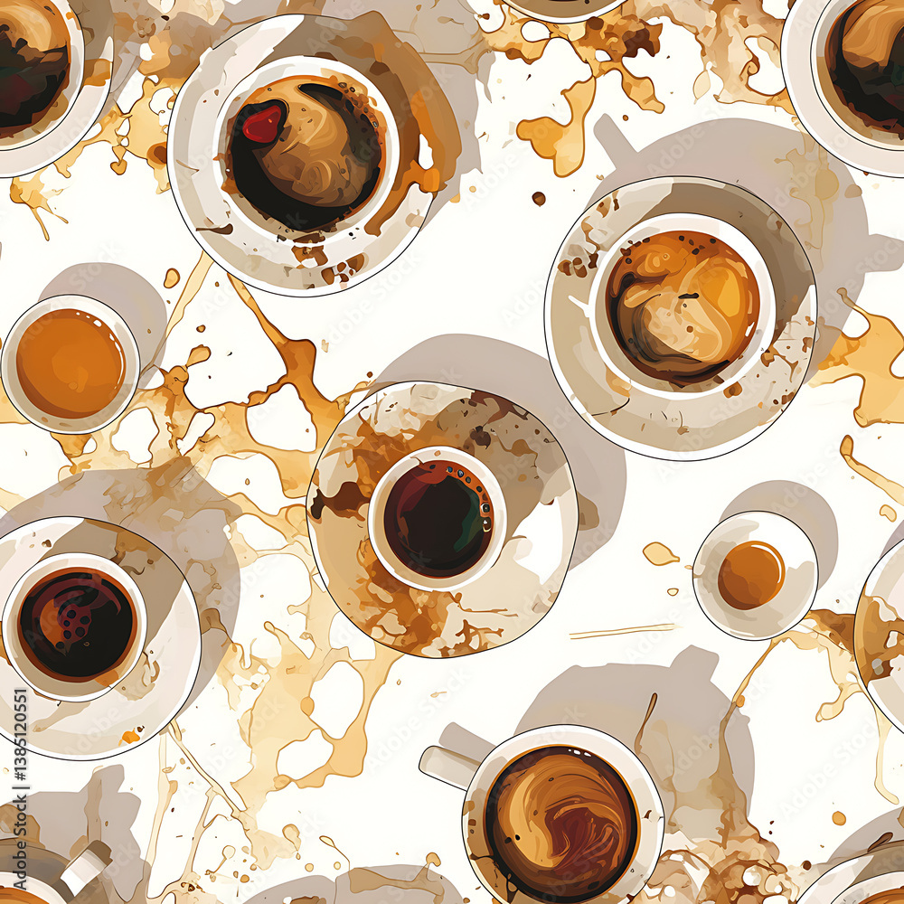 seamless pattern Realistic and artistic illustrations of coffee beans, brewing equipment, coffee cups for background or wallpaper