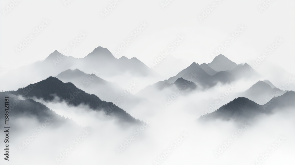 Fototapeta premium Misty mountain range, serene landscape, monochrome