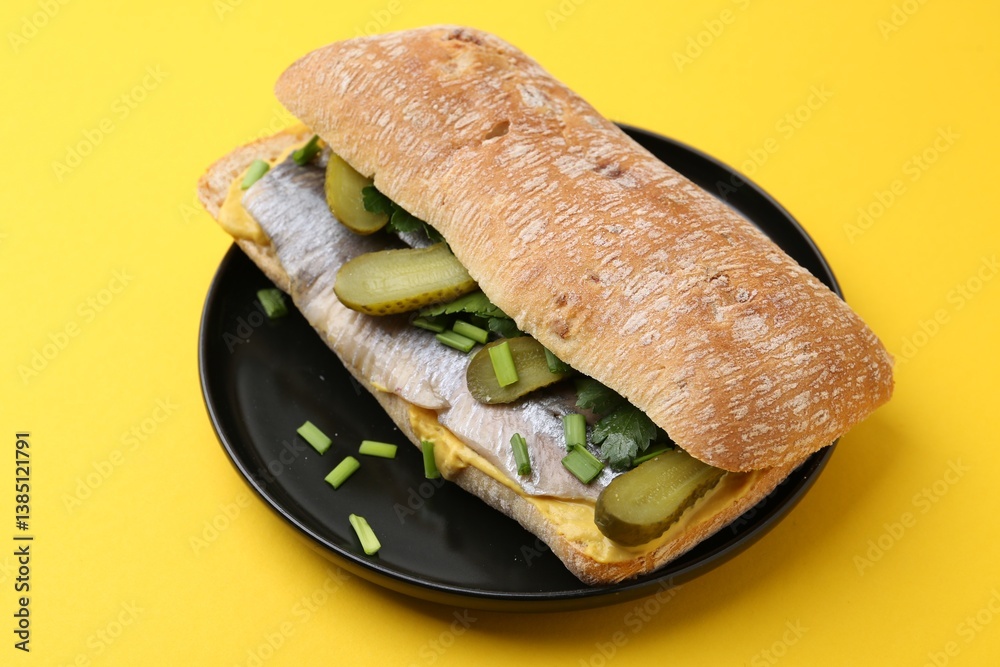 Tasty sandwich with herring, pickles, green onions and parsley on yellow background, closeup